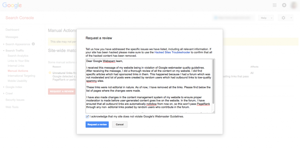 Google webmaster reconsideration request