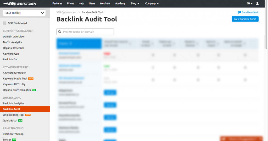 Backlink audit with semrush